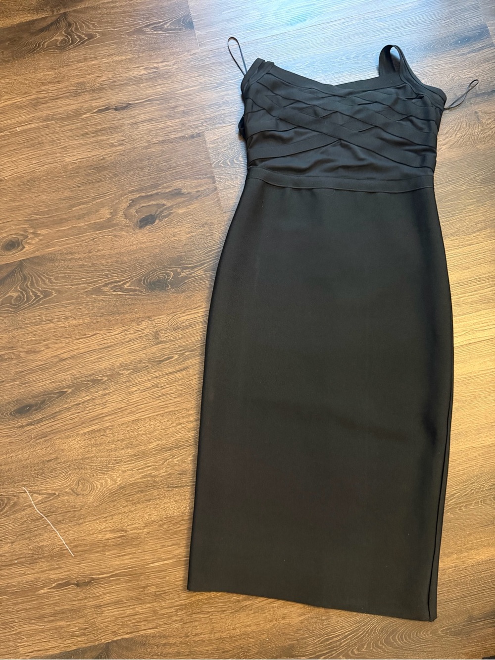 Fashion Nova Black Midi Sheath Dress with Pleated Bodice